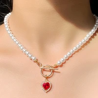 new korean fashion pearl necklace heart crystal pendant necklaces for women girl cute matal chain party jewelry gift accessories