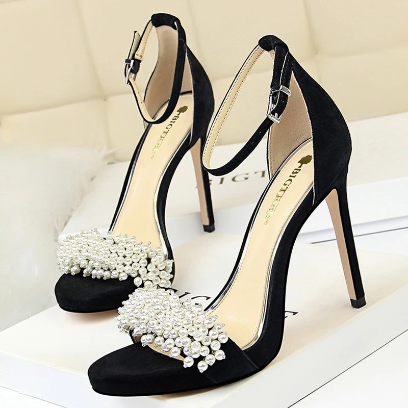 CINESSD Shoes Pearl Rhinestones Super High Heels Suede Women Heels Sexy Party Shoes Summer Women Sandals Stiletto Women Pumps