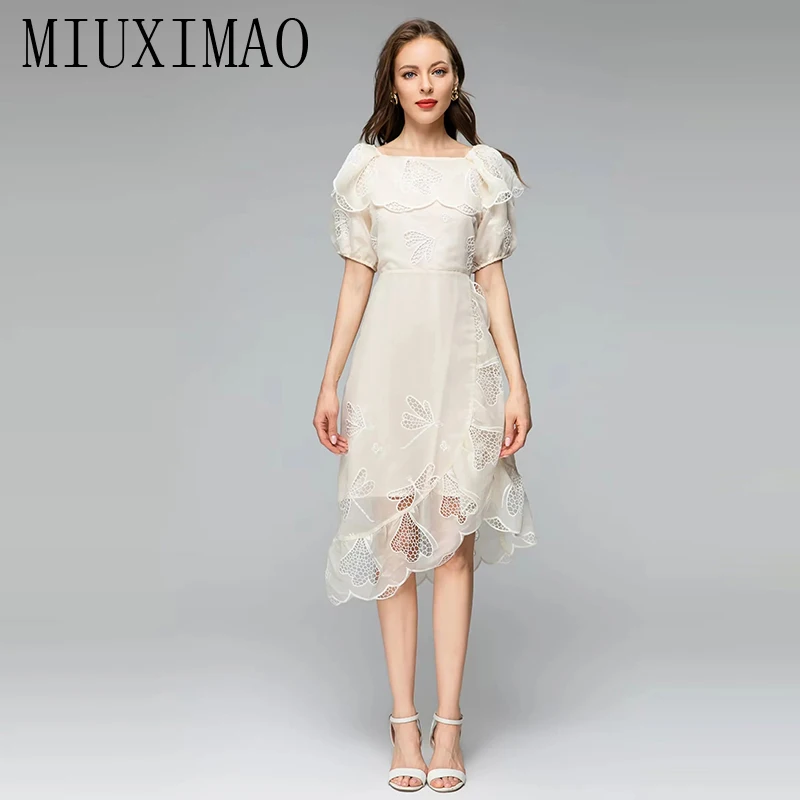 MIUXIMAO 2023 High Quality Spring&Summer Elegant Dress Short Sleeve O-Neck Solid Guaze IrregularFashion Long Dress Women Vestide