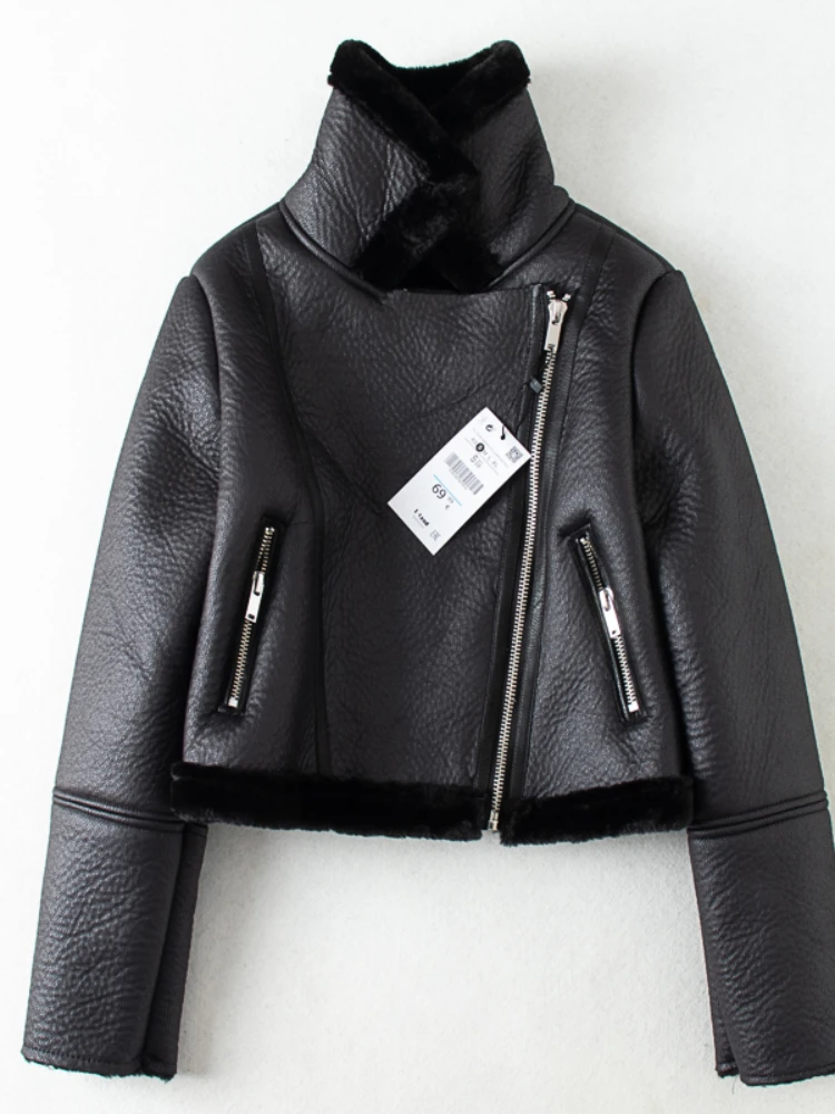 Winter Brown Faux Leather Jacket Faux Fur Warm Short Coat Biker Streetwear Leather Moto Jacket Faux Lamb Leather Jackets Coats