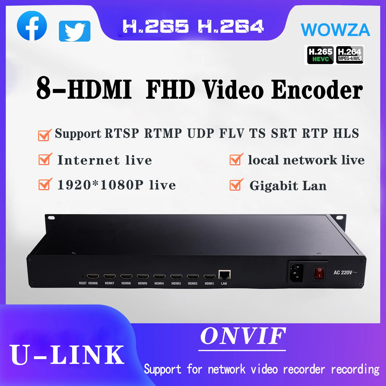Фото 1U 8-канальный энкодер h.264 h.265 HDMI Video Encoder HTTP RTSP RTMP UDP SRT ONVIF для IPTV, NVR или веб-кастинга №1