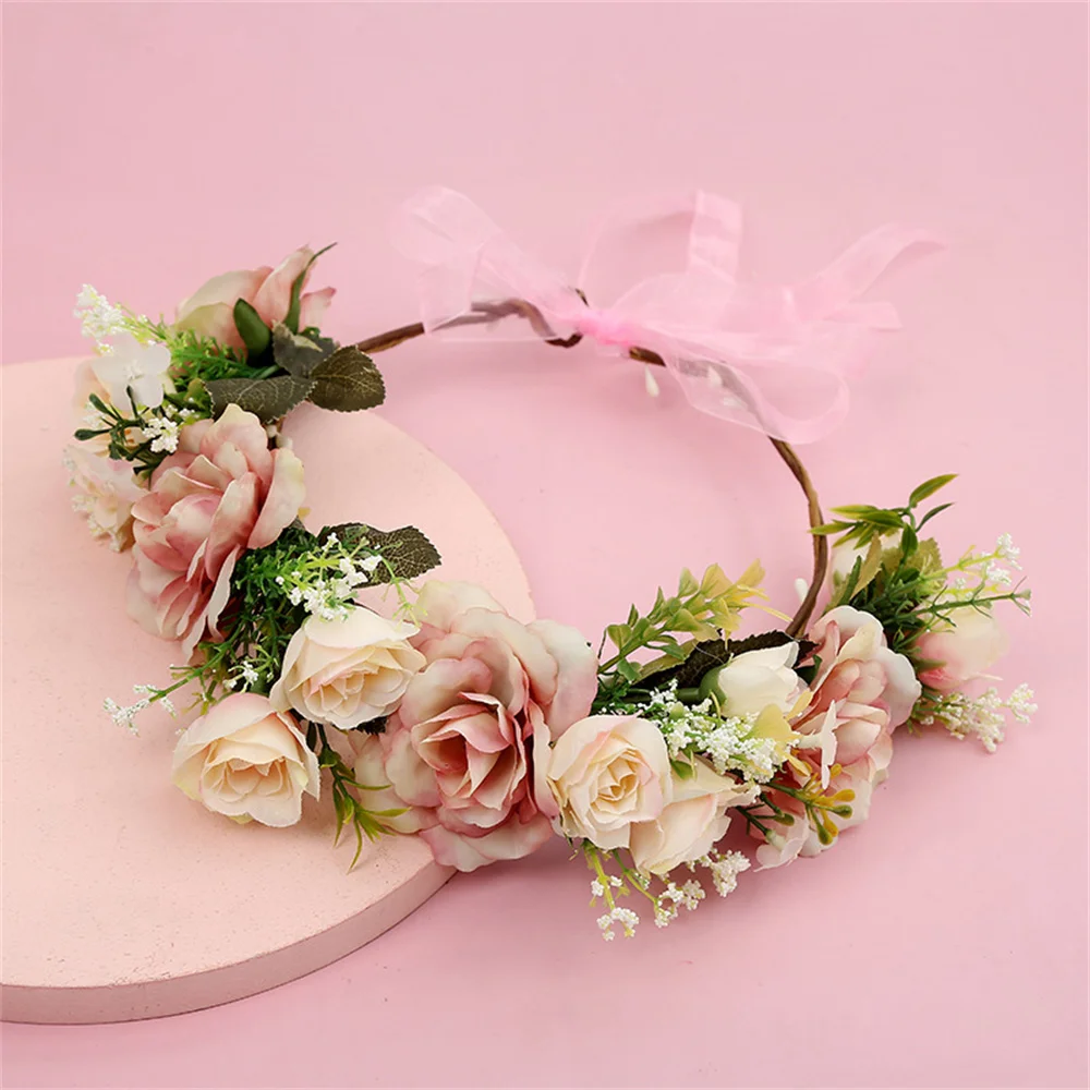 

Simulation Flowers Wreath Princess Headband Hawaii Floral Garland Tiara Romantic Faux Rose Wedding Crown Headdress Party Wianek