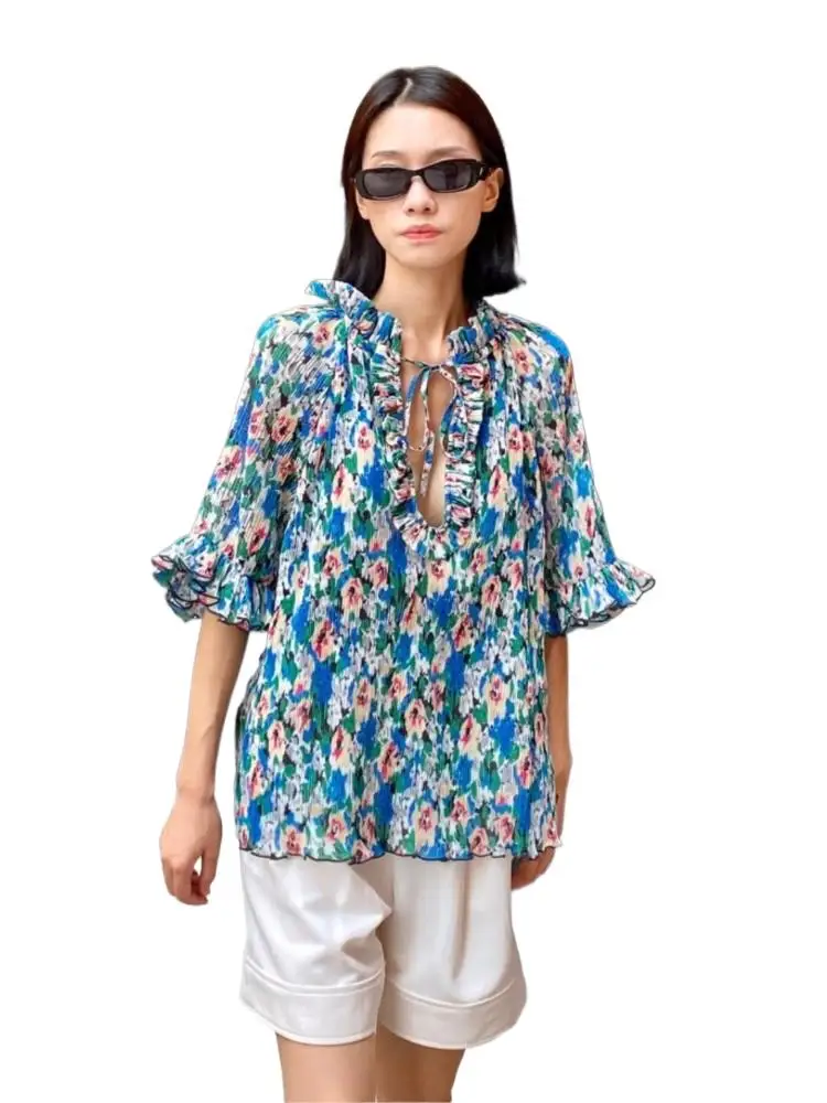 

Summer Elegant Casual Chiffon Shirt For Women Blue Fragmented Ruffle Neck Mid Sleeve Top High Street Stand Collar Shirt 2023 New