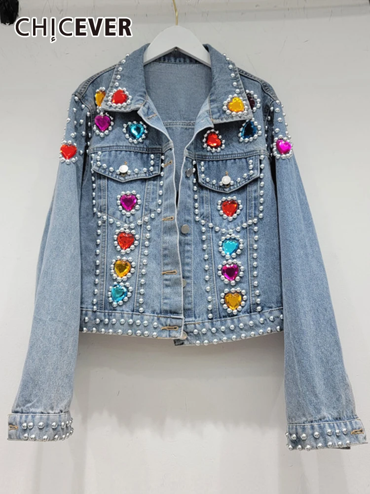 

CHICEVER Hit Color Denim Coat For Women Lapel Long Sleeve Single Breasted Patchwork Embroidered Flares Loose Jackets Female New