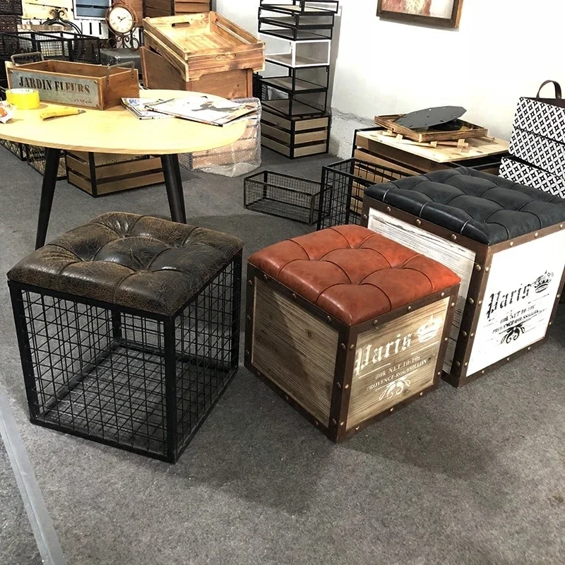 

Iron Northern European-Style Storage Stool Box Retro Living Room Solid Wood Stool Storage Stool Shoe Changing Stool Short Stool