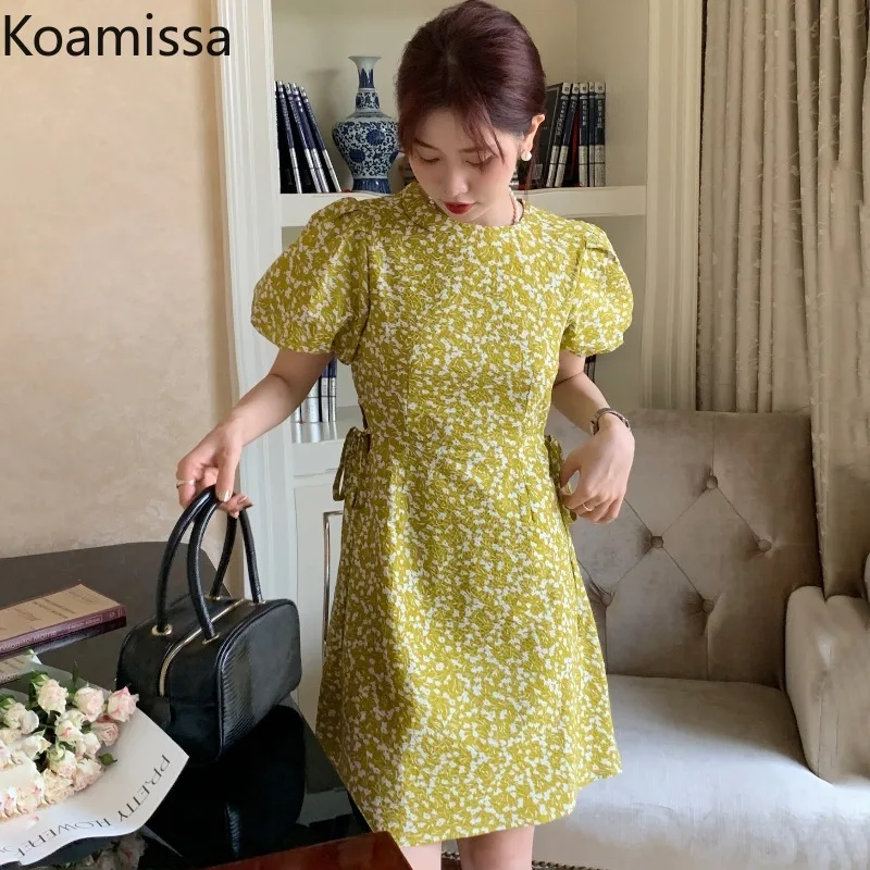 

Koamissa New Arrivals Women Sweet Folral Mini Dress Short Puff Sleeve Round Neck Waist Slim Vestidos Korean Female Summer Robe