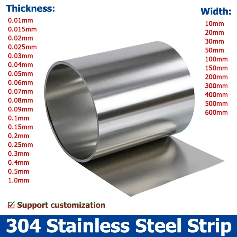 

1 метр полоса из нержавеющей стали 304, толщина листа 0,01-1 мм, стальная катушка, стальная пластина, ширина 10-50 мм, 0,02/0,05/0,1/0,2/0,3/0,4/0,5 мм