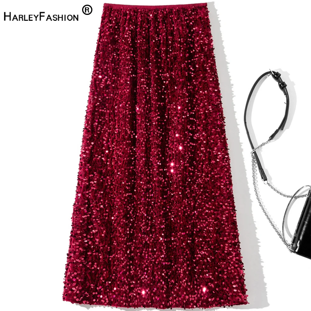 

Women Shining Sequined 4 Colors for Option Elastic Waist Straight Design Bling Lady Slim Long Skirt For Party