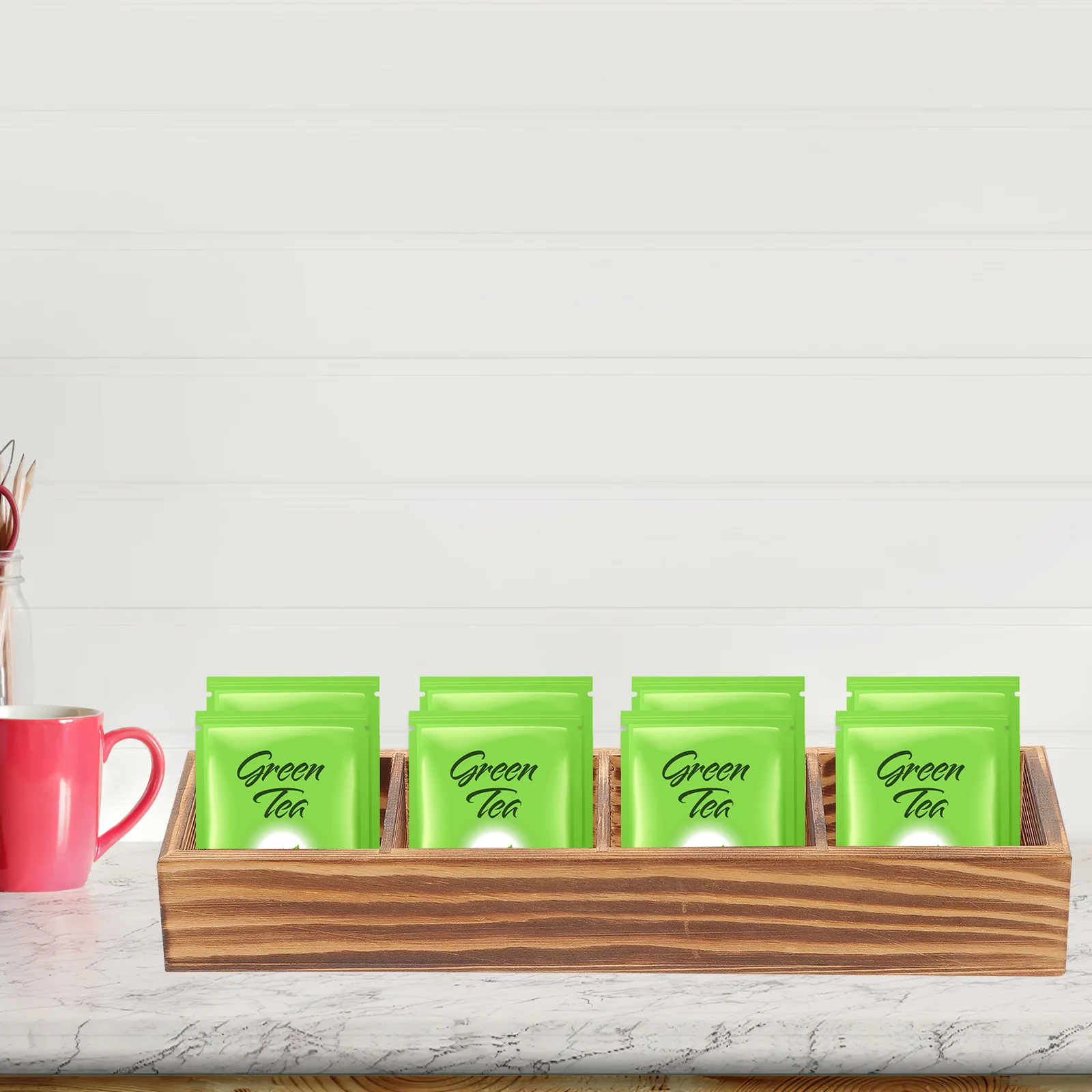

Tea Bag Storage Container Sugar Box Bamboo Dessert Plates Desktop Coffee Organizer