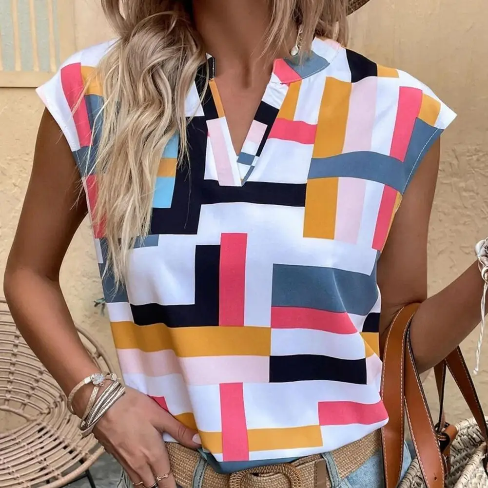 

Stylish Batwing Short Sleeve Geometry Print Summer Blouse Lady T-shirt Comfy Breathable