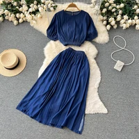 casual women puff sleeve blouse shirt pleated two piece set loose blue maxi skirt suit 2022 elegant office ladies female outfits