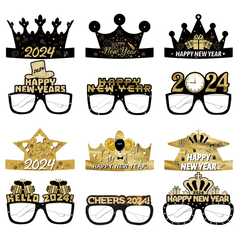 

6Pcs Black Gold New Year Paper Eyeglass Frame Hat Photo Booth Props Children's Happy New Year's Eve Party Funny Photo Props Deco