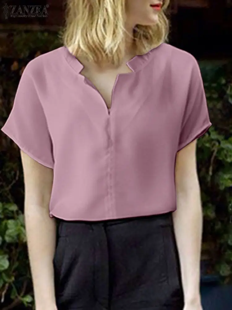

Women Elegant Office Lady Tops Tees ZANZEA Fashion Summer Blouse Sexy V Neck Blusas Femininas Female Casual Solid Loose Chemise