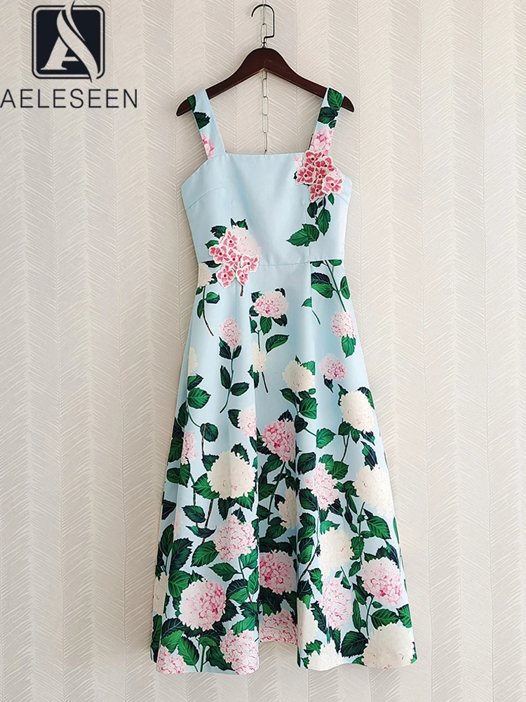 

AELESEEN Designer Fahion Women Summer Dress Spaghetti Strap 3D Appliques Embroidery Flower Hydrangea Print Elegant Camisole