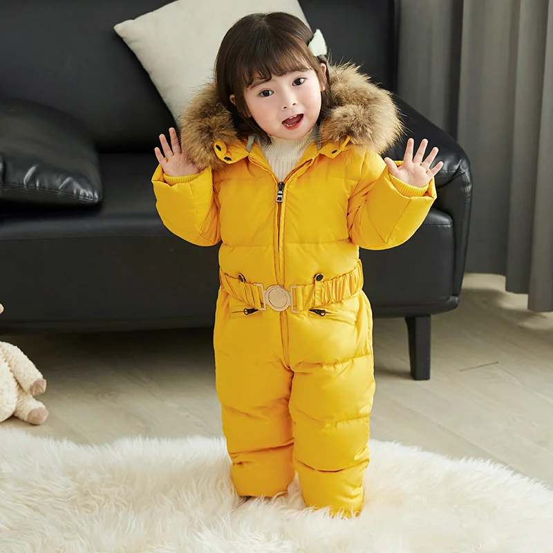 -30 Degrees winter baby warm down jacket Kids fashion long Boys outdoor thick ski clothing Girls' one-piece snowsuit |