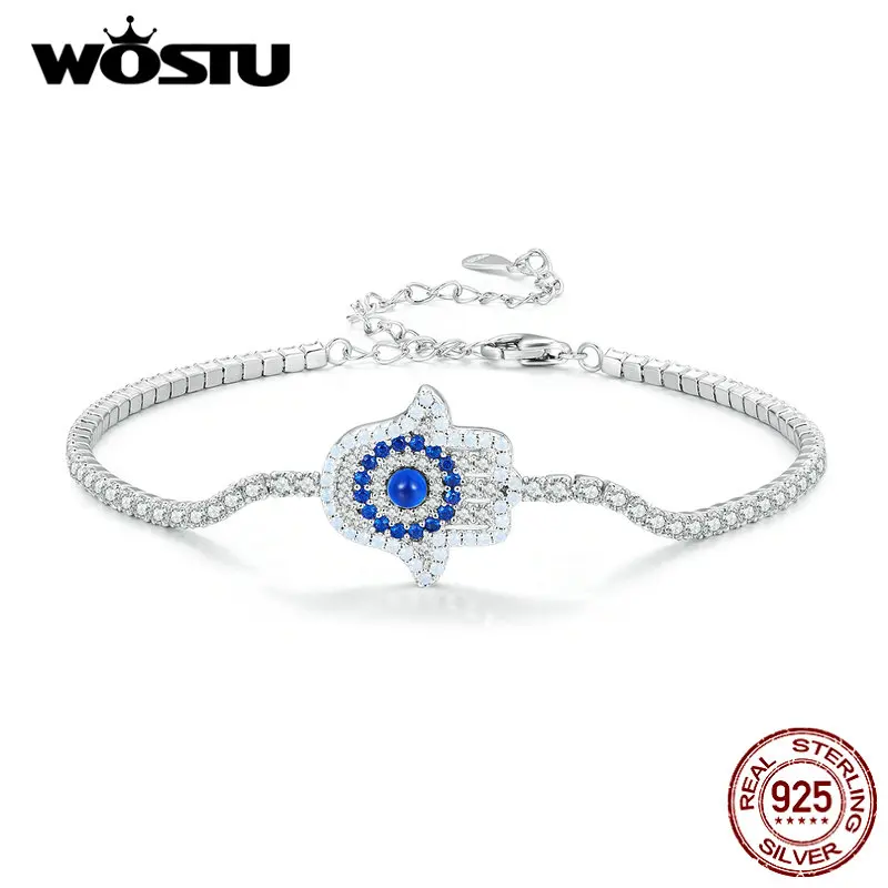 

WOSTU 925 Sterling Silver Turkish Hamsa Hand Fatima Crystal Tennis Bracelet For Women Adjust Charm Guard CZ Wrist Valentine Gift