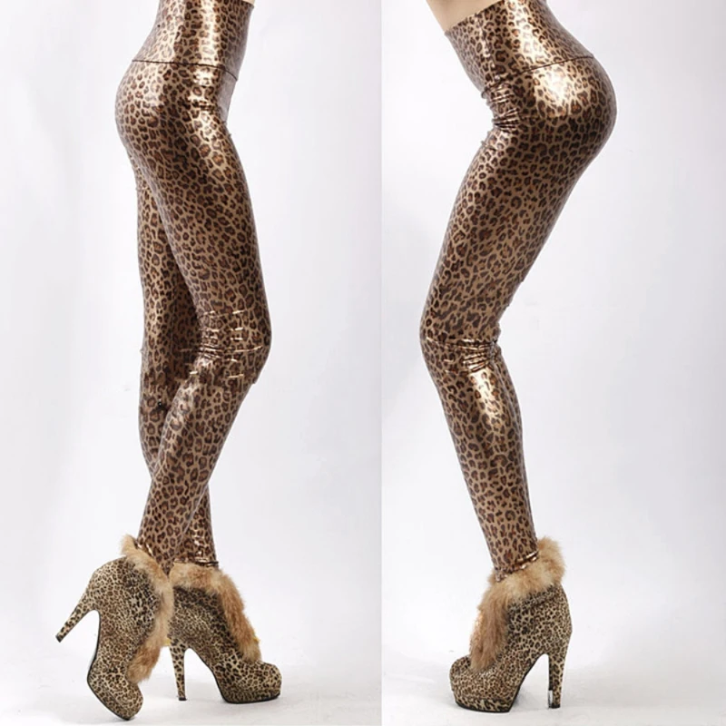 

Women Sexy Leopard Print Leggings High Waist Fashion Bright Surface Faux Leather Pencil Pants High Elastic Tummy Control Trouser