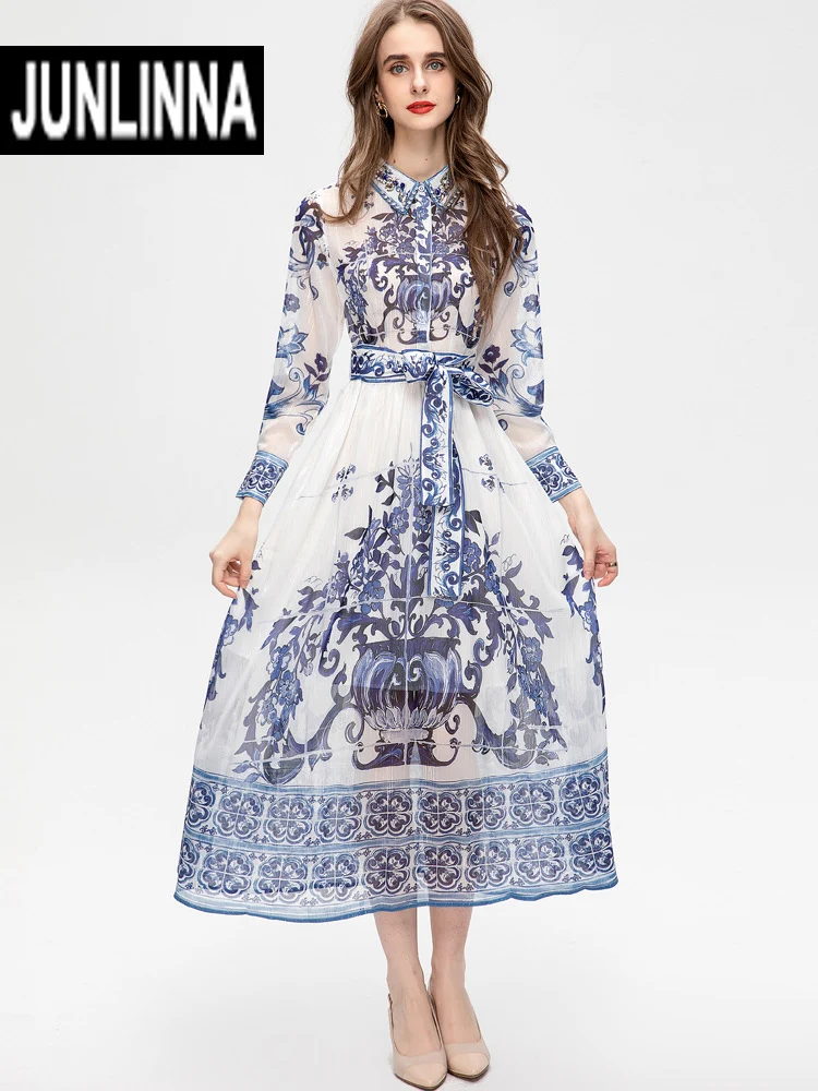

JUNLINNA Brighting Lines Chiffon Dress Spring Autumn Women Lapel Neck Long Sleeve Porcelain Print Expansion Vestidos Belt Slims