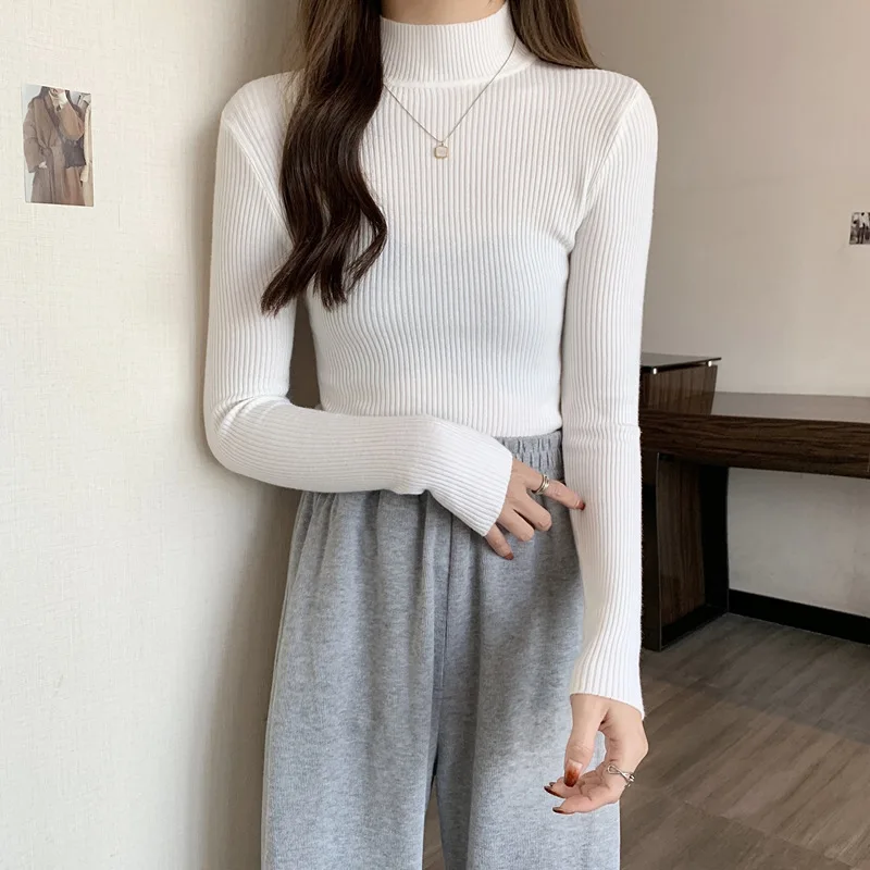 

Women's Autumn Winter High Neck Sweater Solid Color Basic Knitted Top Casual Slim Pullover Korean Fashion Pullover