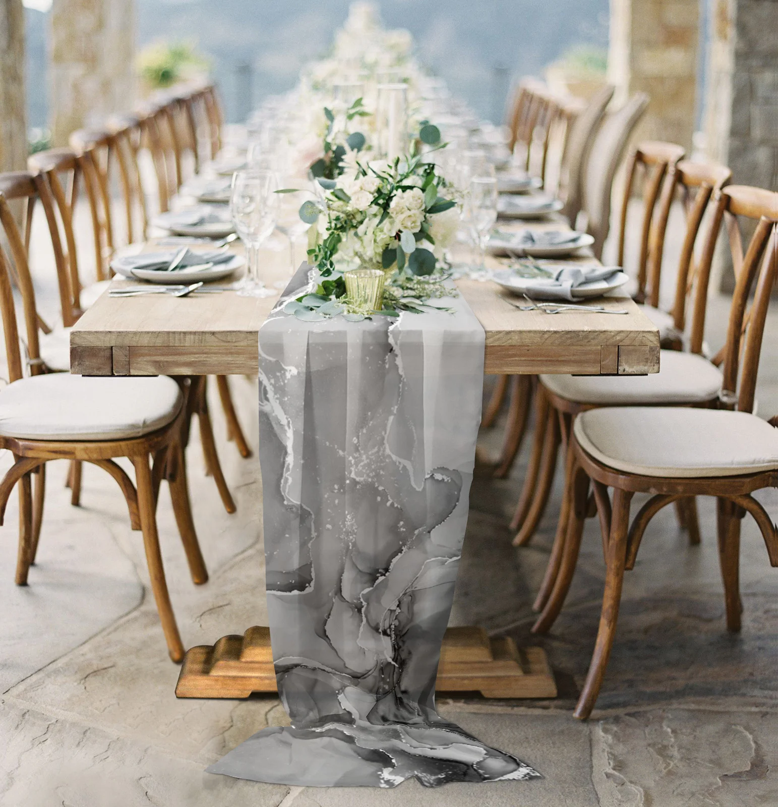 

Marble Texture Gradient Sheer Chiffon Table Runner Country Wedding Party Birthday Luxury Tulle Voile Tablecloth Home Decoration
