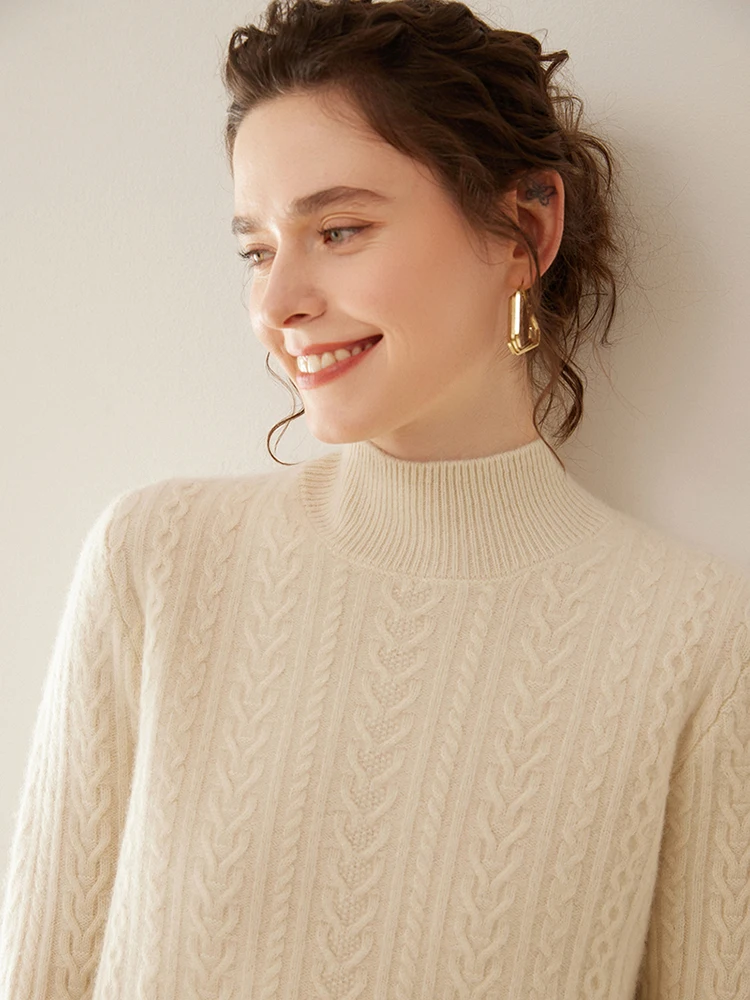 Витой двухрядный утолщенный кашемировый свитер женский с полувысоким