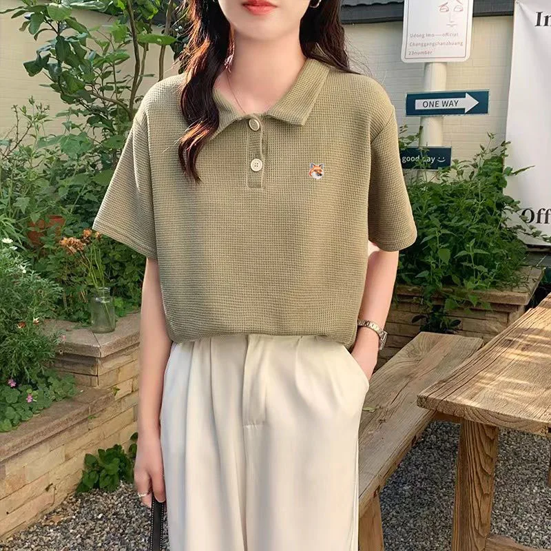 

2022 new Summer Fashion White Short Sleeve Women T Shirt Luxury Maison Fox Mascot Embroidery Logo Lapel POLO Shirt Tops