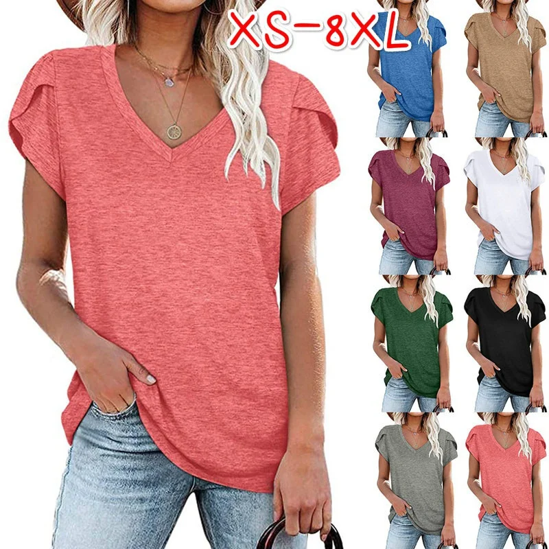 XS-5XL Tops Fashion Clothes Women's Casual Short Sleeve Tee Shirts Ladies Blouses V-neck Pullovers Solid Color Loose T-shirts