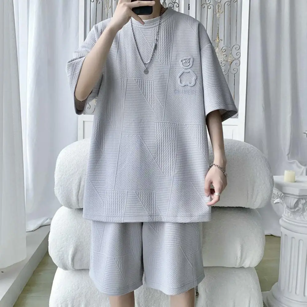 Men T-shirt Loose-fitting Solid Color Casual Men Shirt Shorts Set Summer Clothing Friendly to Skin Men Shorts for Female