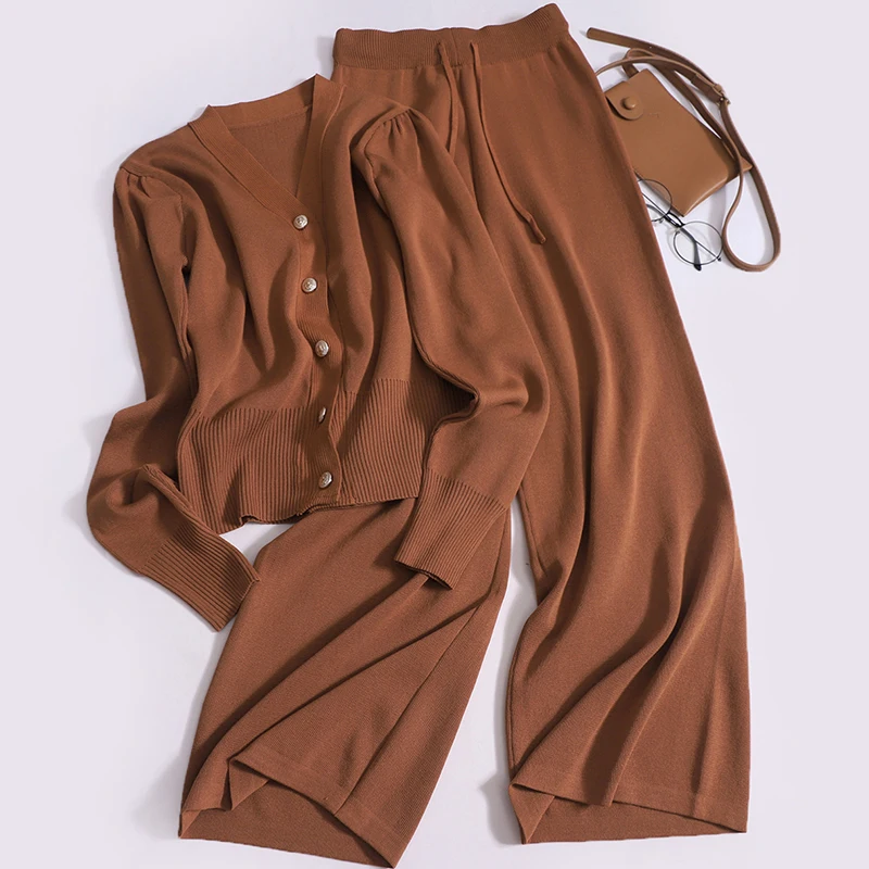 

Autumn Two-piece Temperament V-neck Button Long Sleeve Knit Sweater Jacket+high Waist Drawstring Wide Leg Pants Lady 2-piece Set
