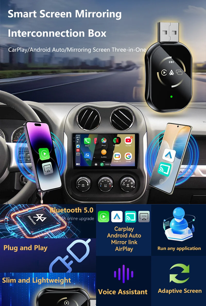 Фото 3в1 Mirror Link Проводной к беспроводному адаптеру Carplay для Airplay Android Auto MirrorLink Bluetooth + Wi-Fi USB Dongle Автомобильный Ai Box НОВЫЙ №4