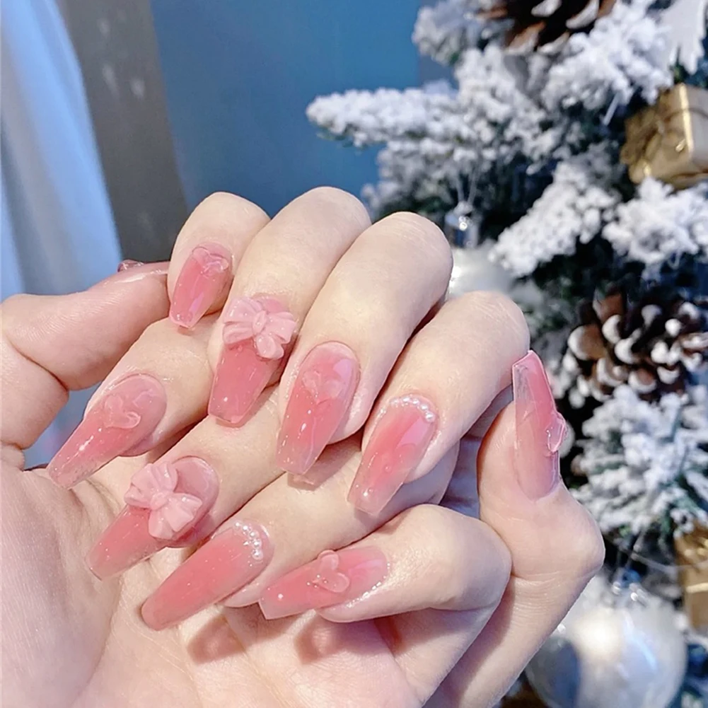 

Pink Press On Nails Coffin Full Cover Wearable Pre Design Artificial Nails With Jelly Glue Nail Tips For Girls Free Shipping