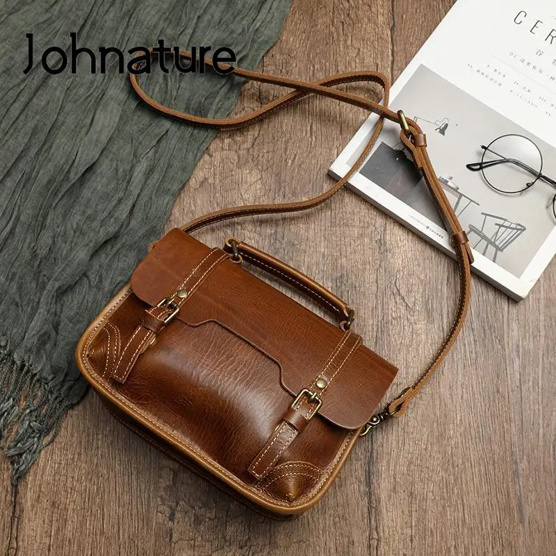 Johnature Vintage Women Cambridge Bag England Style 2022 New Genuine Leather Versatile Solid Color Shoulder Messenger Bags