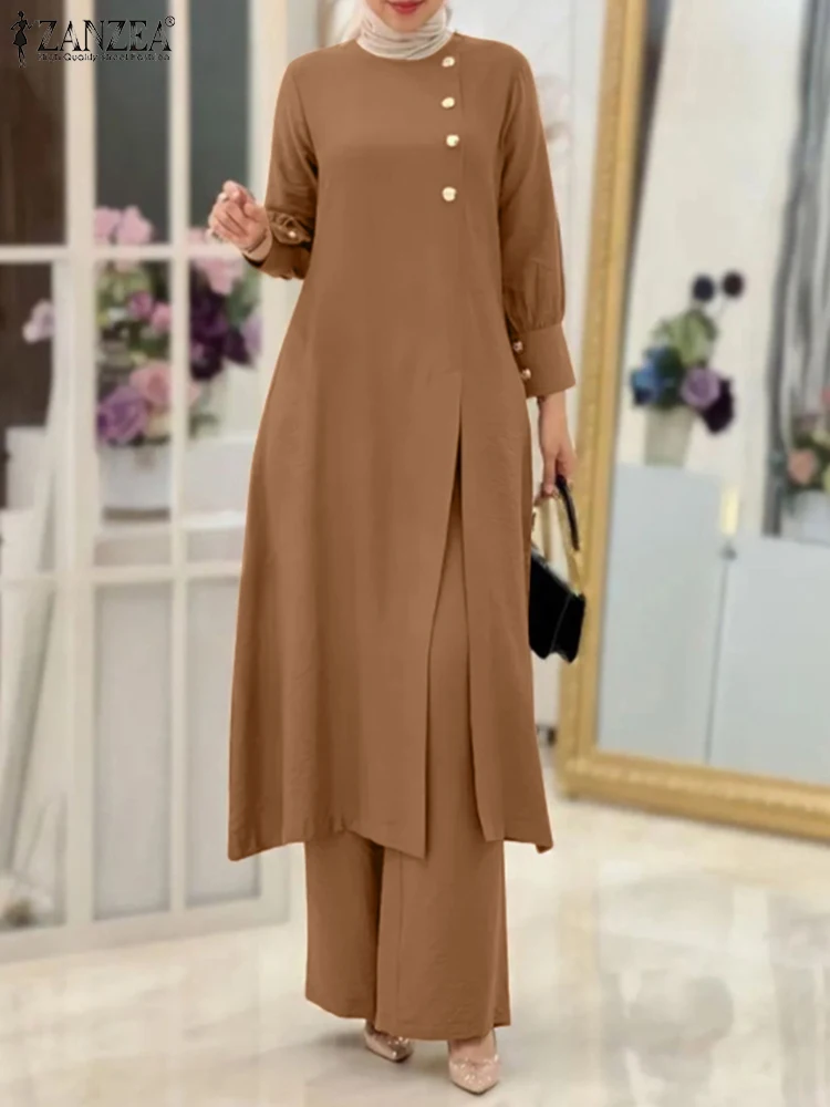 

2PCS Fashion Split Hem Long Shirt Wide Leg Trousers Suits ZANZEA Elegant Women OL Work Pants Sets Solid Muslim Sets Outifits