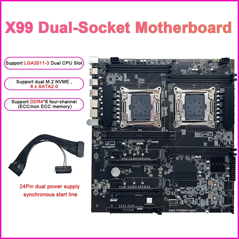 

X99 Dual-Socket Mining Motherboard With 24Pin Dual Power Start Cable LGA2011-3 Dual CPU DDR4 Memory Slots 8X SATA2.0