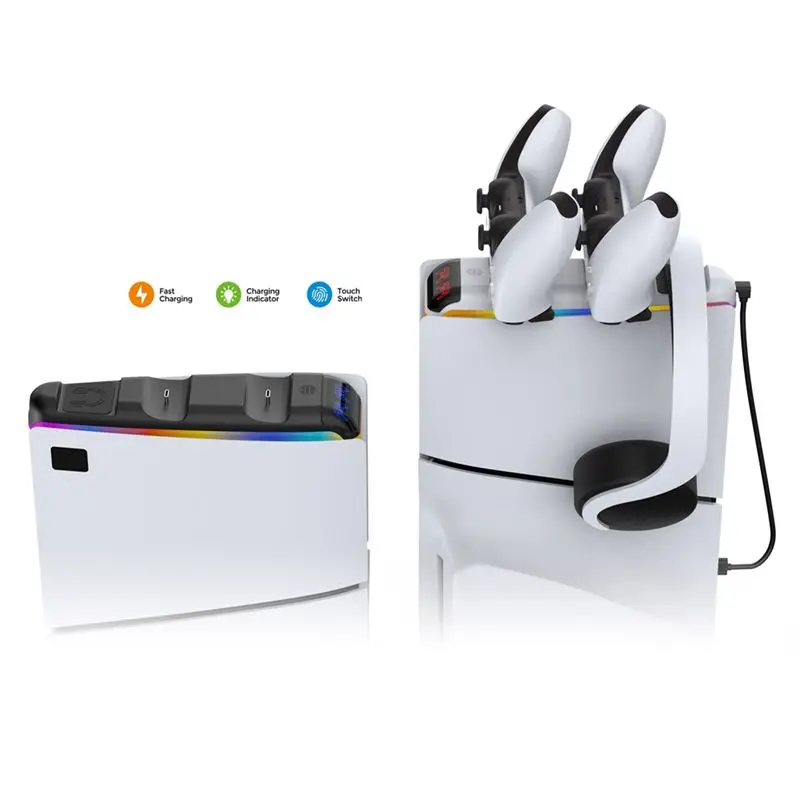 Фото Док-станция для контроллеров PS5 Slim с RGB-подсветкой, двойная зарядная док-станция для геймпадов №5