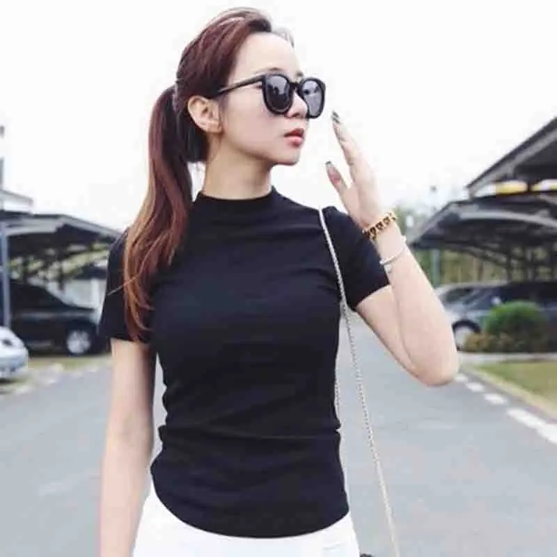 

Women Solid Black T-shirt Slim Short Sleeve T-shirts Ladies Basic Tee Tops Turtleneck Summer Tshirt FW1240