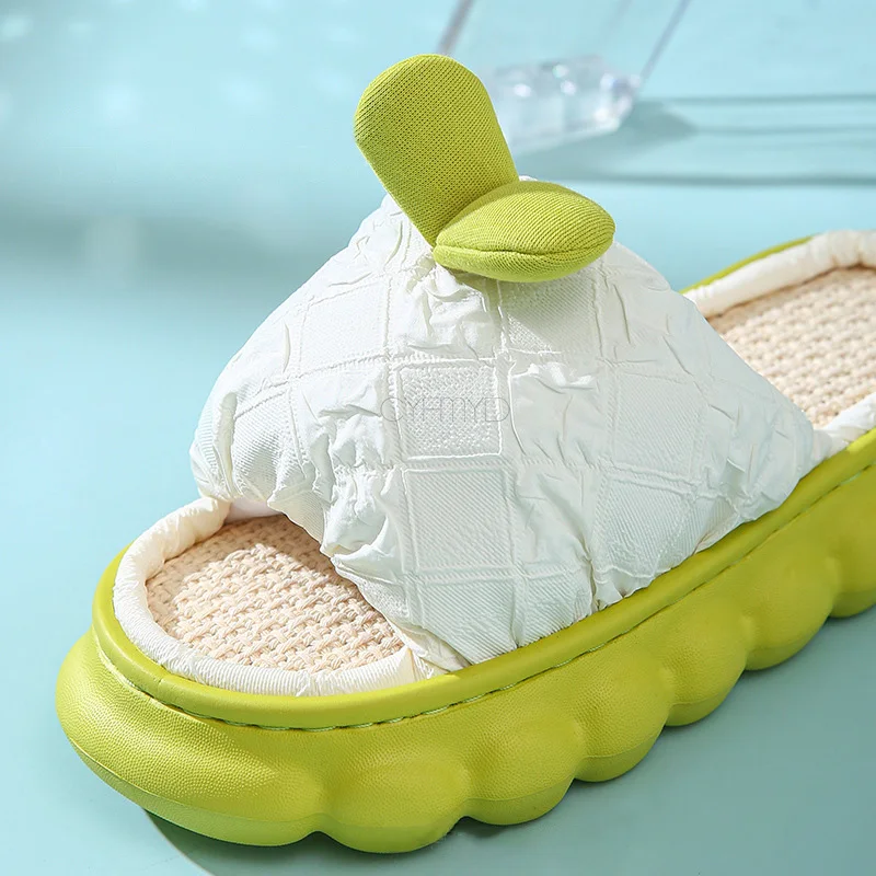 Butterfly-Knot Down Cloth Home Slippers for Women Linen House Slides Eva Non-Slip Bedroom Slippers Female Thick Sole Shoe Indoor