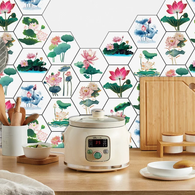 

10pcs Fresh Lotus Hexagon Tiles Floor Stickers Kitchen Bathroom TV Sofa Wall Peel & Stick Twill Surface Waterproof Wall Decals