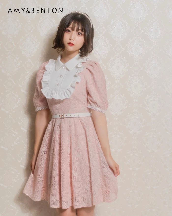 

Japanese-Style Retro French Sweet Ruffled Lace Midi Dress for Women Lolita Sweet Pink Drill Buckle Slim Waist Lace Dress Summer