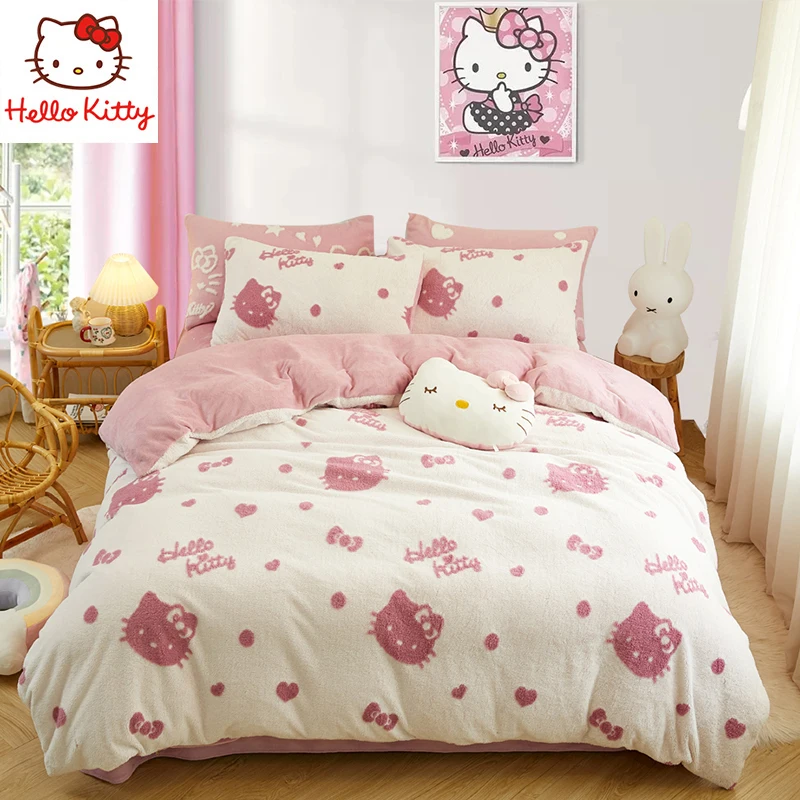 

Hello Kitty Children's Milk Fiber Four-Piece Set Girls' Winter Bed Sheet Coral Fleece Bedding Three-Piece Set 200cmx230cm
