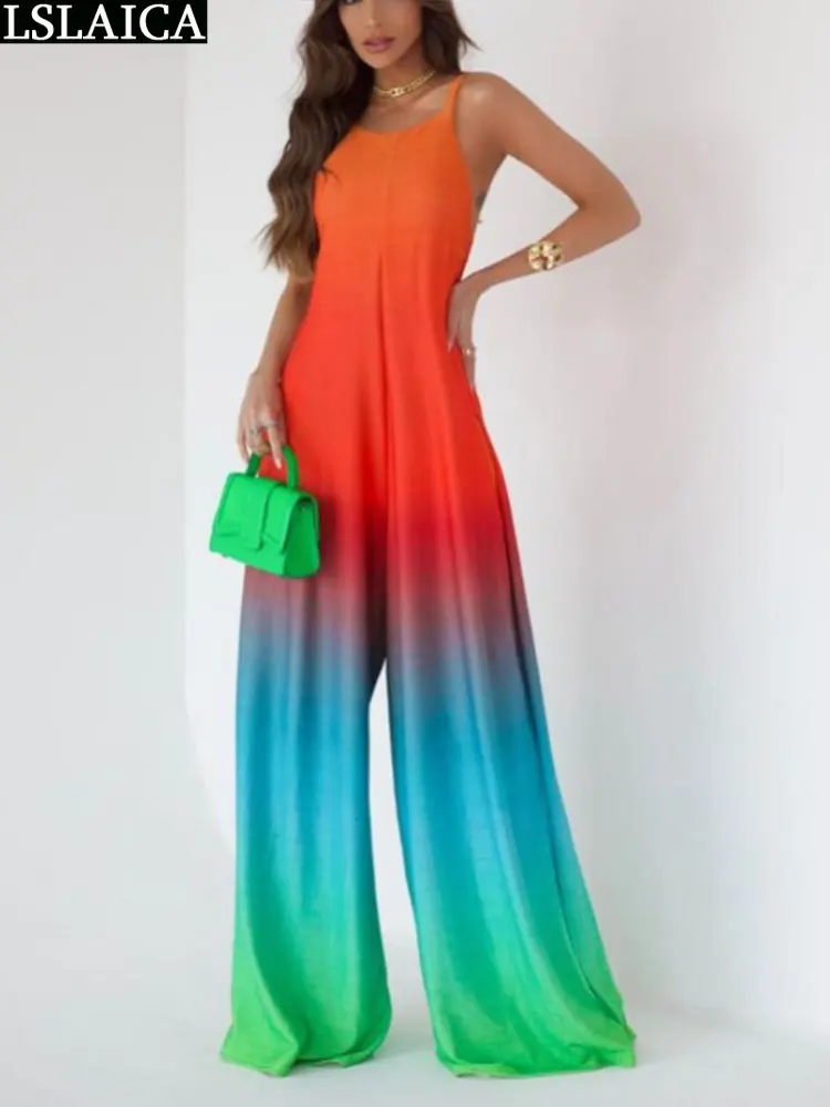 

Female Jumpsuit Print Backless Wide Leg Summer Fashion Casual Sling Overalls Loose Streetwear One Piece Bodysuit Elegant Rompers
