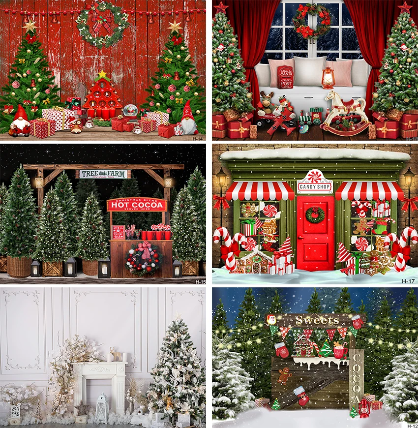 

Christmas Fireplace Backdrop Photography Christmas Tree Vintage Rustic Wood Wall Xmas Photo Background Windows Winter Photocall