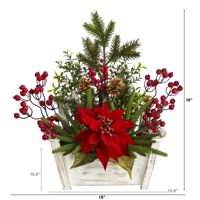 

Poinsettia, Succulent and Berry Artificial Flower Arrangement in Bench Planter, Red