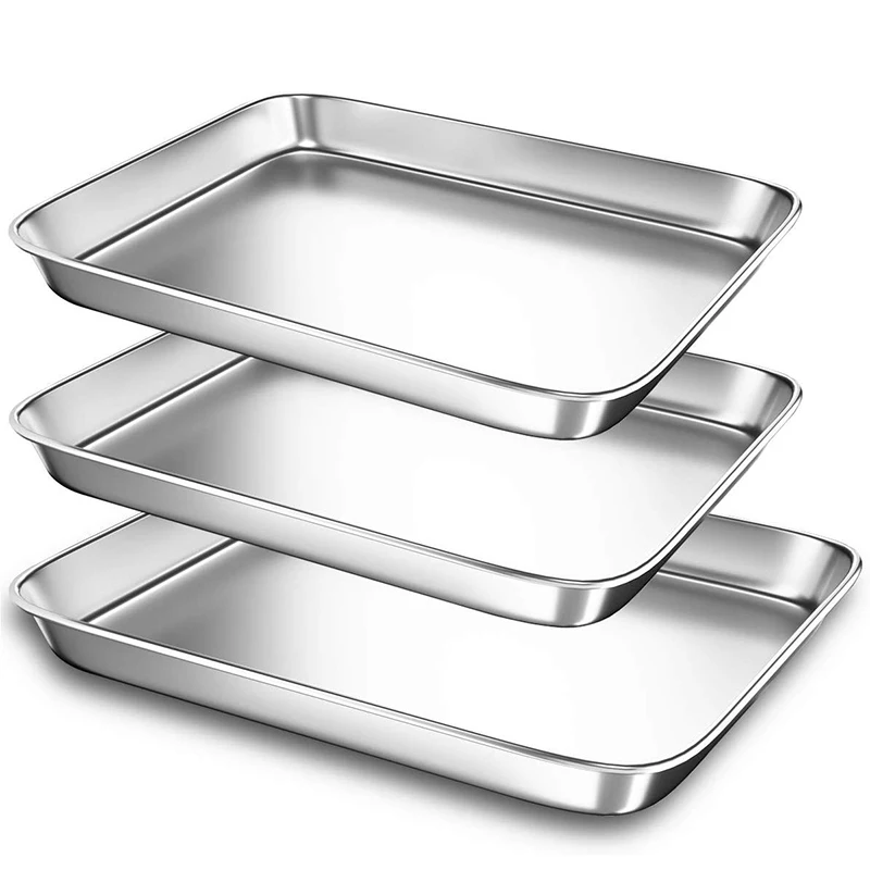 Baking Sheet Pans for Toaster Oven Small Stainless Steel Cookie Sheets Metal Bakeware Pan Sturdy & Heavy Rectangle Tray  3 Pi