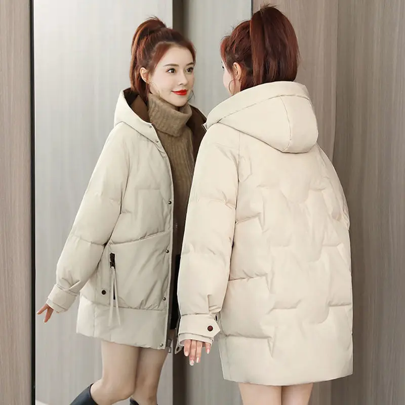Down Cotton Jacket Women's Medium Length Winter 2023 New Korean Version Loose Thickened Cotton Jackets Casual Hooded Coat Female