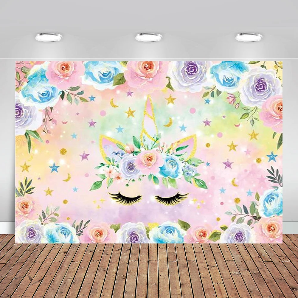 

Pink Floral Unicorn Backdrop for Girl Rainbow Princess Sweet Pony Gold Star Photography Background Kids 1st Birthday Decoration