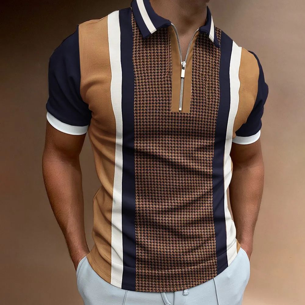 

2022 New Spring and Summer Men Patchwork Zipper Polo shirt Short Sleeved Slim Casual Stripe houndstooth Polo shirt S-3XL