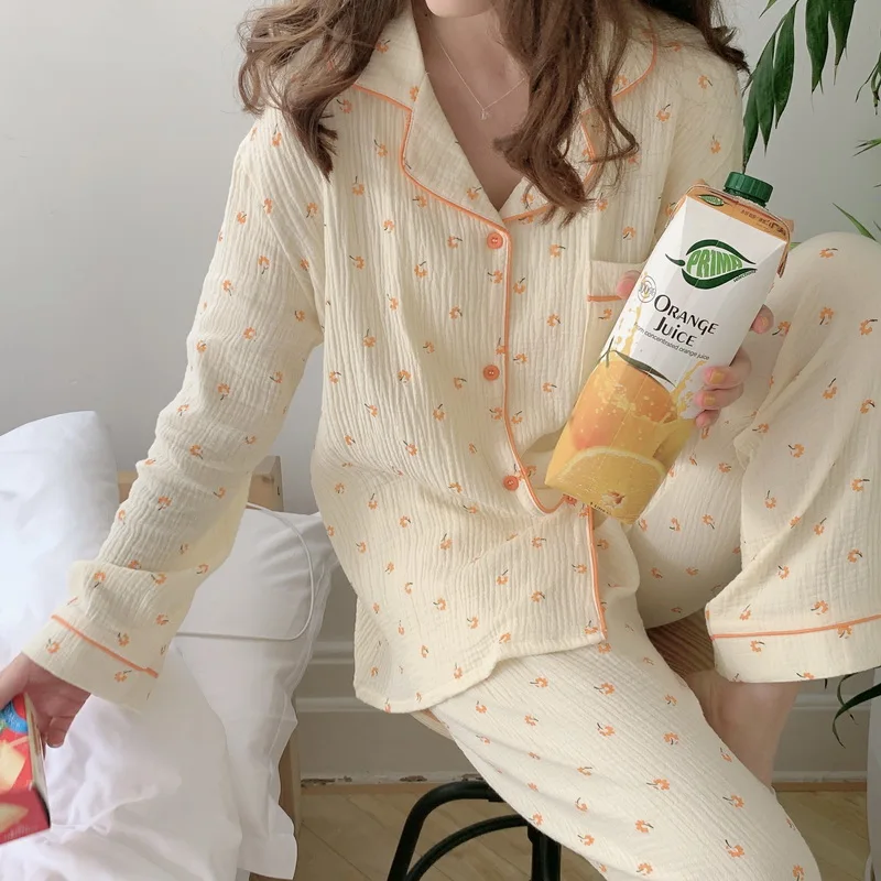 

Korean Flowers Print Yellow Pajamas Set Women Sweet Single Breasted Shirts + Trousers Set Two Piece Home Suit Cotton Sleepwear