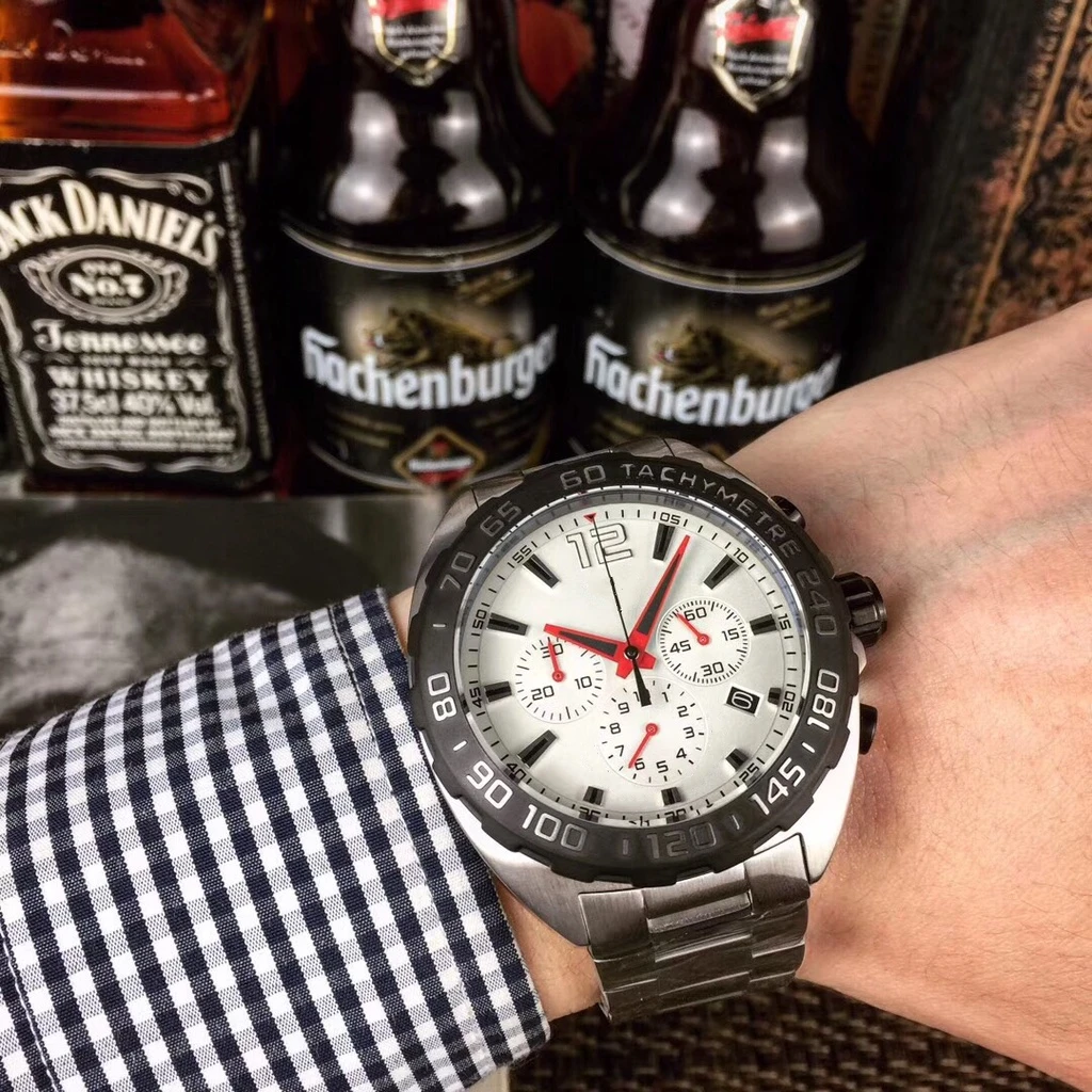 

mens quartz chronograph watch steel white black