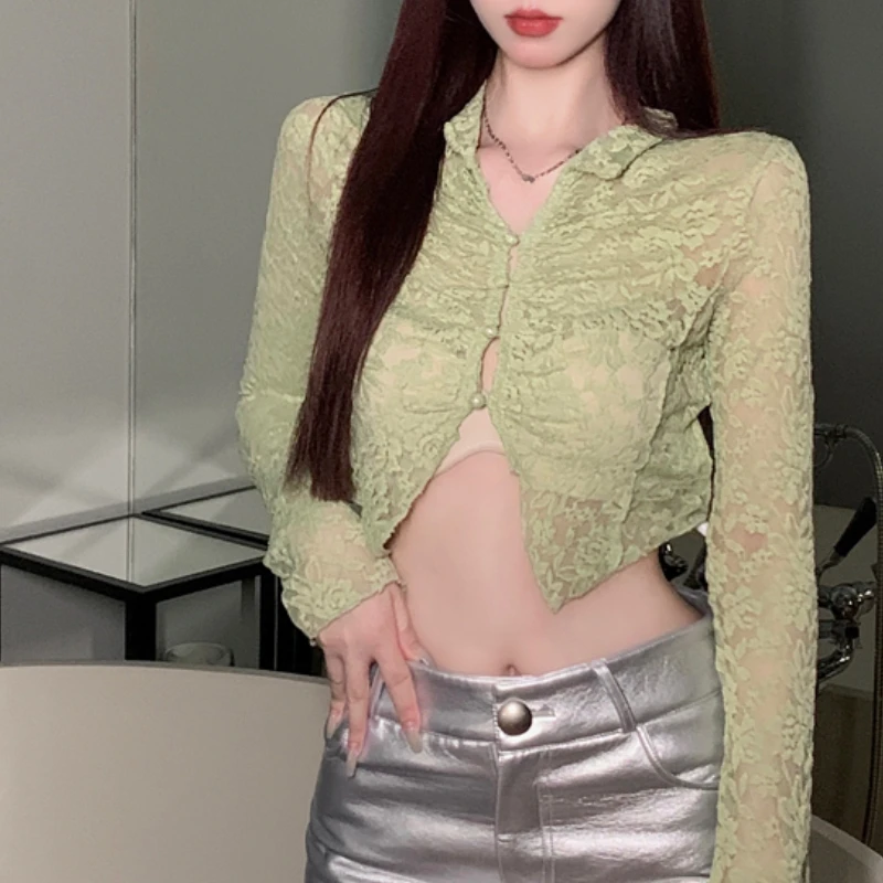 

Оригинальная французская кружевная рубашка с длинным рукавом, женская летняя облегающая короткая рубашка, дизайнерский нишевый кардиган, ...